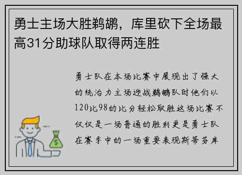 勇士主场大胜鹈鹕，库里砍下全场最高31分助球队取得两连胜