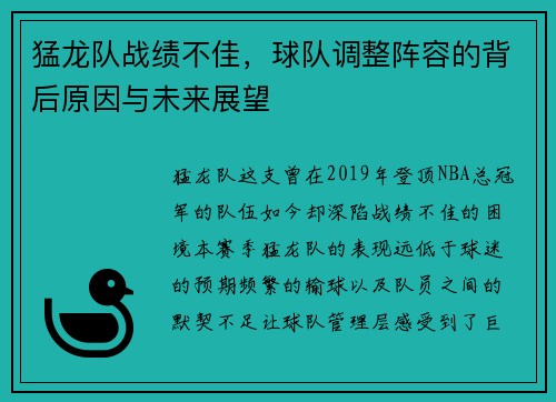 猛龙队战绩不佳，球队调整阵容的背后原因与未来展望