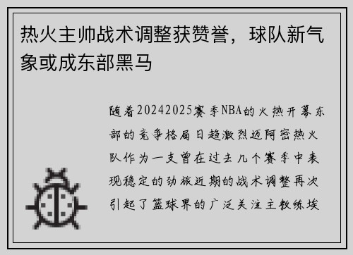热火主帅战术调整获赞誉，球队新气象或成东部黑马