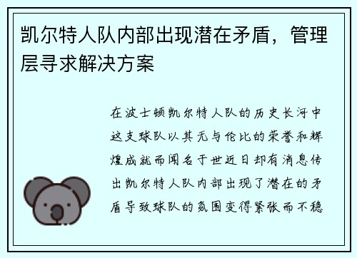 凯尔特人队内部出现潜在矛盾，管理层寻求解决方案