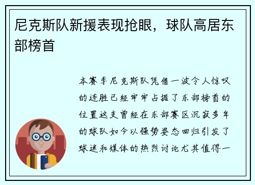 尼克斯队新援表现抢眼，球队高居东部榜首