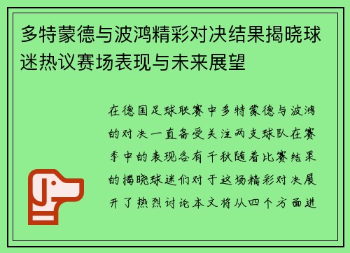 多特蒙德与波鸿精彩对决结果揭晓球迷热议赛场表现与未来展望
