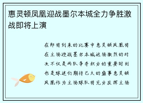 惠灵顿凤凰迎战墨尔本城全力争胜激战即将上演