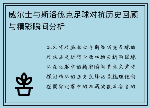 威尔士与斯洛伐克足球对抗历史回顾与精彩瞬间分析
