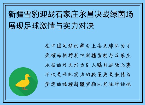 新疆雪豹迎战石家庄永昌决战绿茵场展现足球激情与实力对决