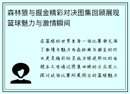 森林狼与掘金精彩对决图集回顾展现篮球魅力与激情瞬间