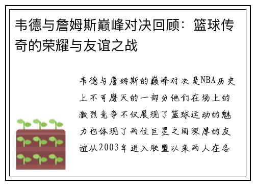 韦德与詹姆斯巅峰对决回顾：篮球传奇的荣耀与友谊之战