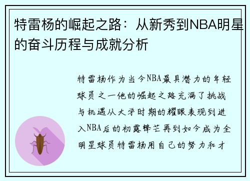 特雷杨的崛起之路：从新秀到NBA明星的奋斗历程与成就分析