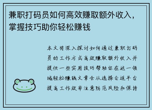 兼职打码员如何高效赚取额外收入，掌握技巧助你轻松赚钱